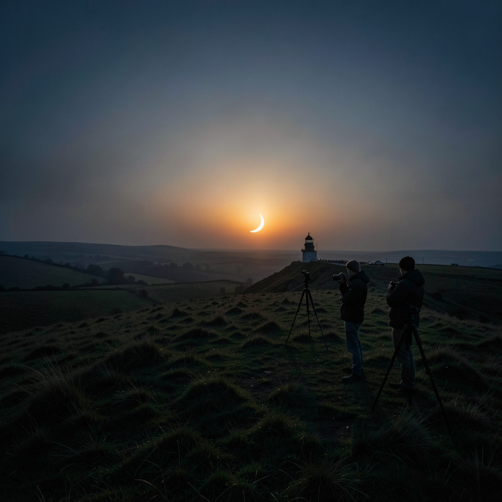 Partial solar eclipse from a Cornish hilltop beacon, crescent sun, dramatic atmospheric light, two silhouetted figures watching