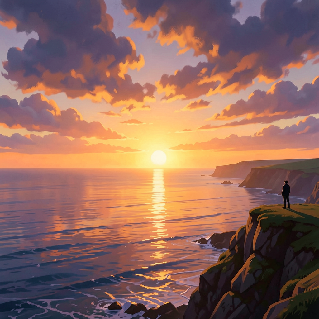 A serene Cornish coastline at golden hour, lone figure silhouette on a cliff watching the horizon