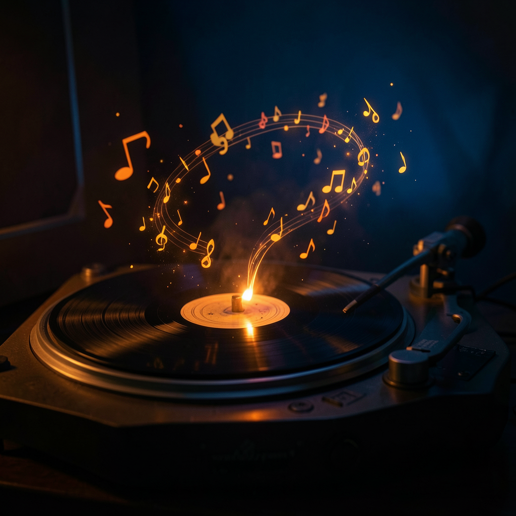 A vintage vinyl record player in a dark room, needle stuck in a groove, glowing orange light emanating from the record