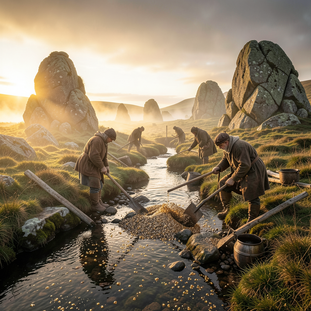 Ancient Bronze Age tin miners working stream-works on a wild Cornish moorland at dawn, golden light, mist over granite tors