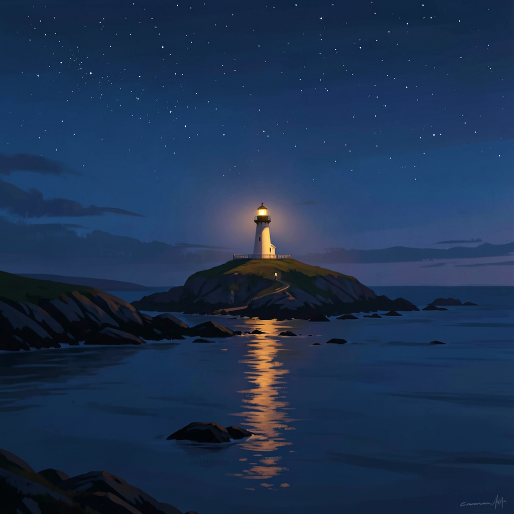 A solitary lighthouse on a dark Cornish headland at dusk, single warm golden light glowing against deep blue twilight, stars beginning to appear