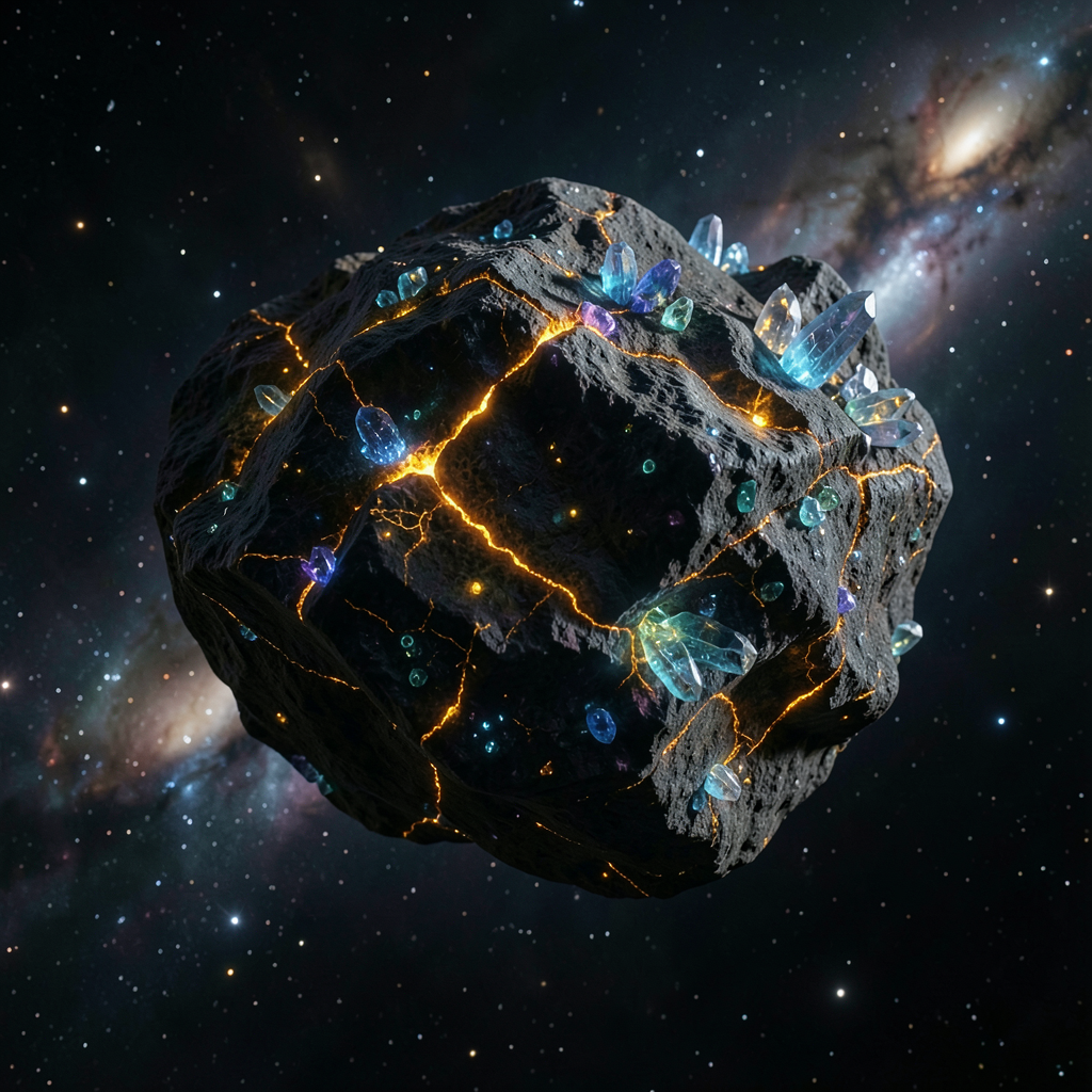 A dark rugged asteroid floating in deep space, rocky surface veined with glowing amber and blue crystalline salt deposits, ancient organic molecules shimmering within, distant nebula and stars