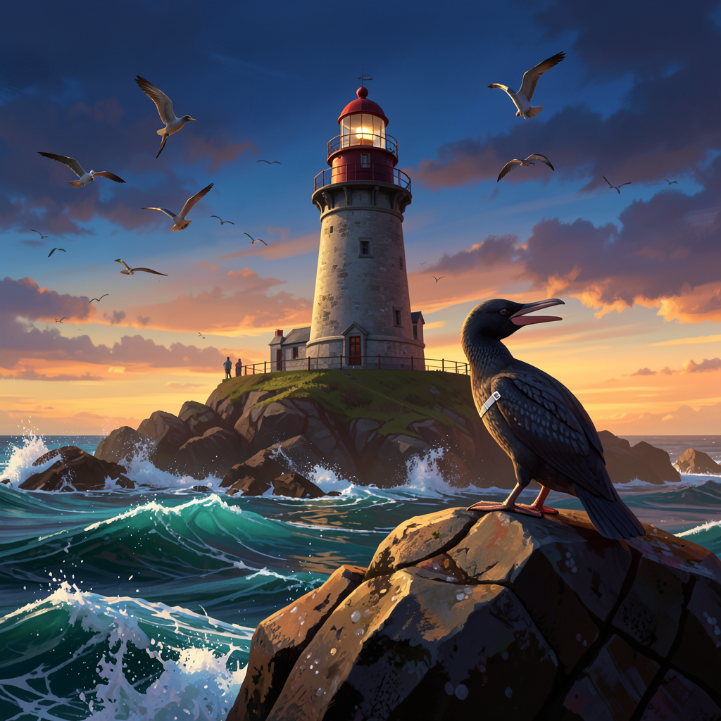 A dramatic Cornish lighthouse on a rocky island at golden hour, a cormorant perched on a boulder with a small white leg band, crashing turquoise waves, seabirds wheeling overhead, warm orange sunset light against deep blue sky