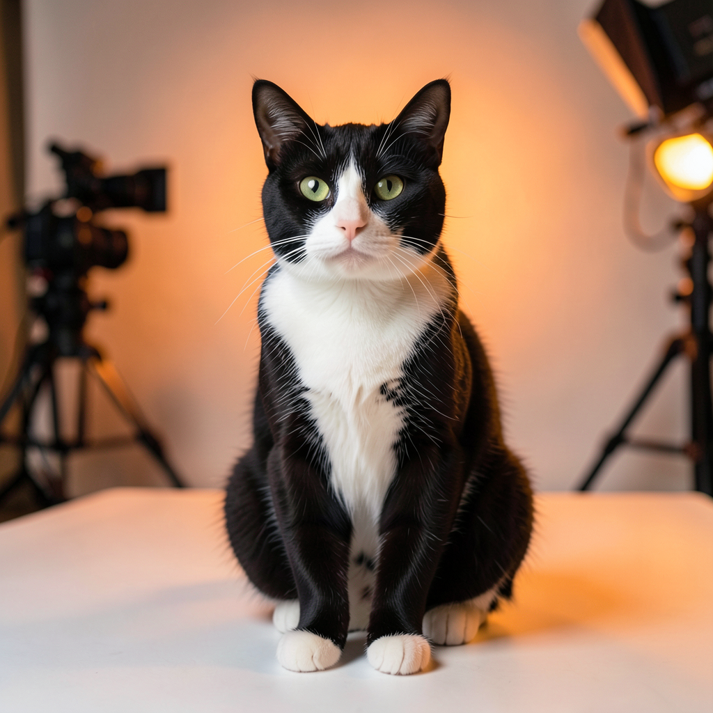 A black and white tuxedo cat sitting on a professional photography studio backdrop, looking at camera with bright green eyes, warm orange studio lighting, photography equipment blurred in background, confident professional model pose