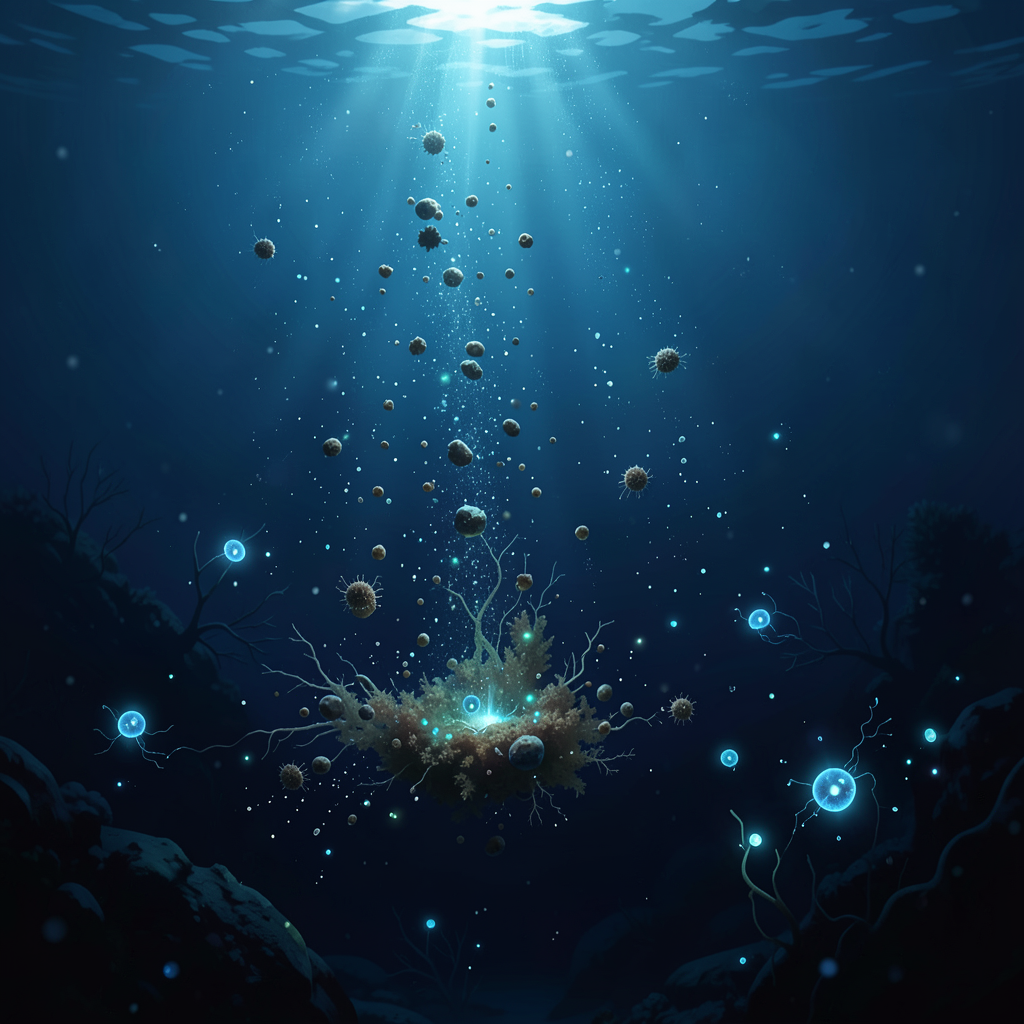 Abstract deep ocean scene, organic particles sinking through layers of water, pressure extracting nutrients, bioluminescent microbes, dark blue gradient from surface to abyss, ethereal glowing particles, scientific illustration style