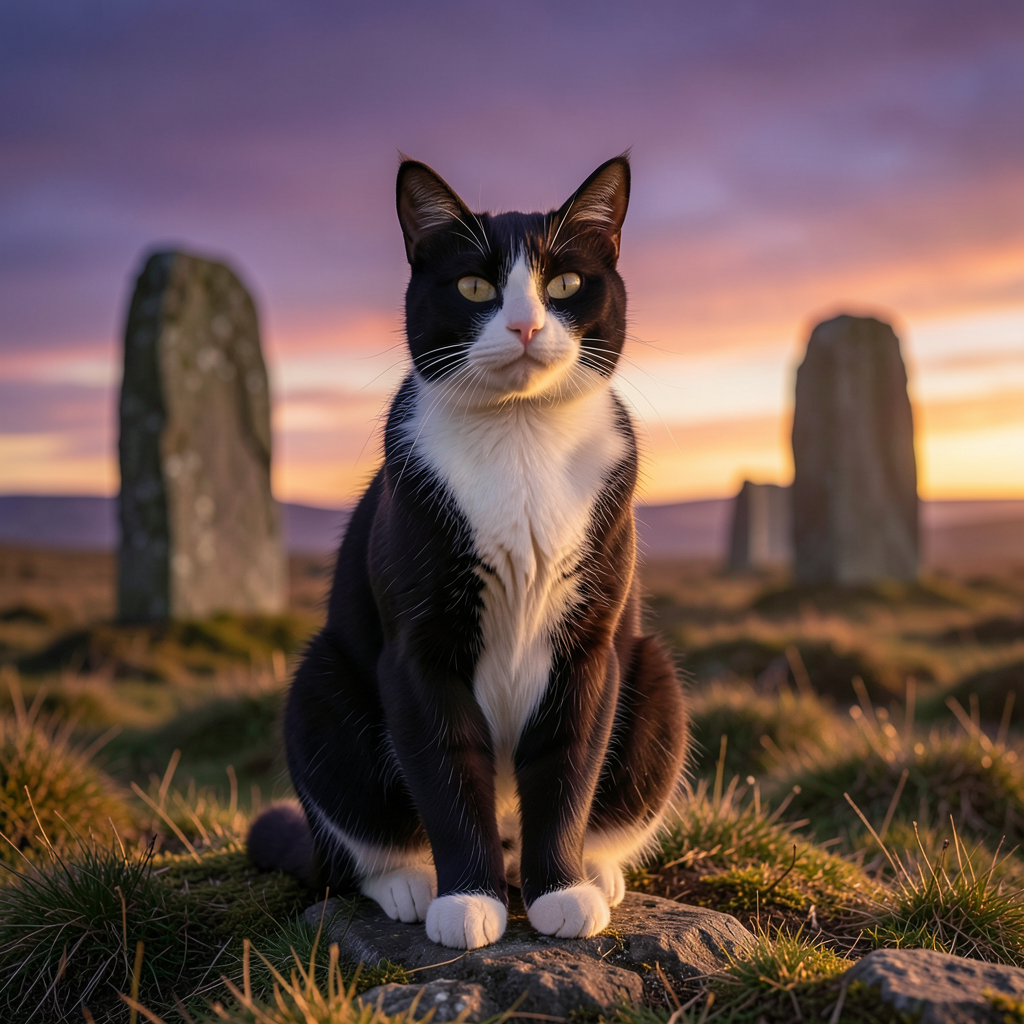 A black and white tuxedo cat sitting proudly on a Cornish moor at twilight, standing stones in the background, purple and orange gradient sky, mystical atmosphere, warm golden hour lighting, photorealistic