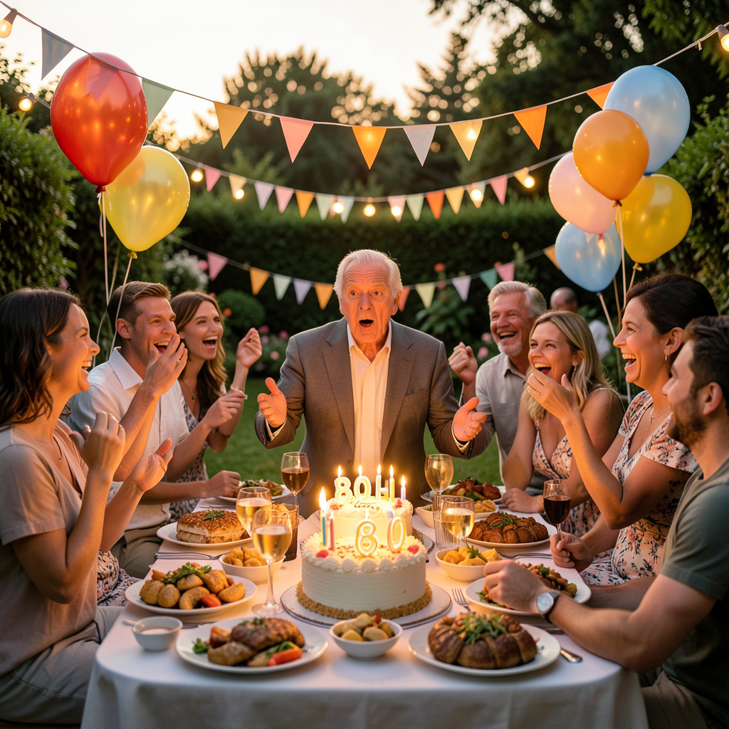 A warm surprise 80th birthday garden party at dusk, string lights and bunting, birthday cake with candles, family gathered around, joyful atmosphere, golden hour lighting