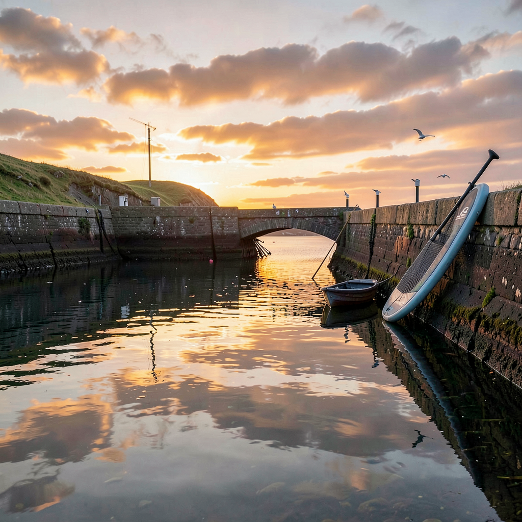 A serene Cornish harbour at golden hour, calm reflective water, paddleboard leaning against old stone harbour wall, warm orange sunset light, seagulls in distance, peaceful evening atmosphere, photorealistic