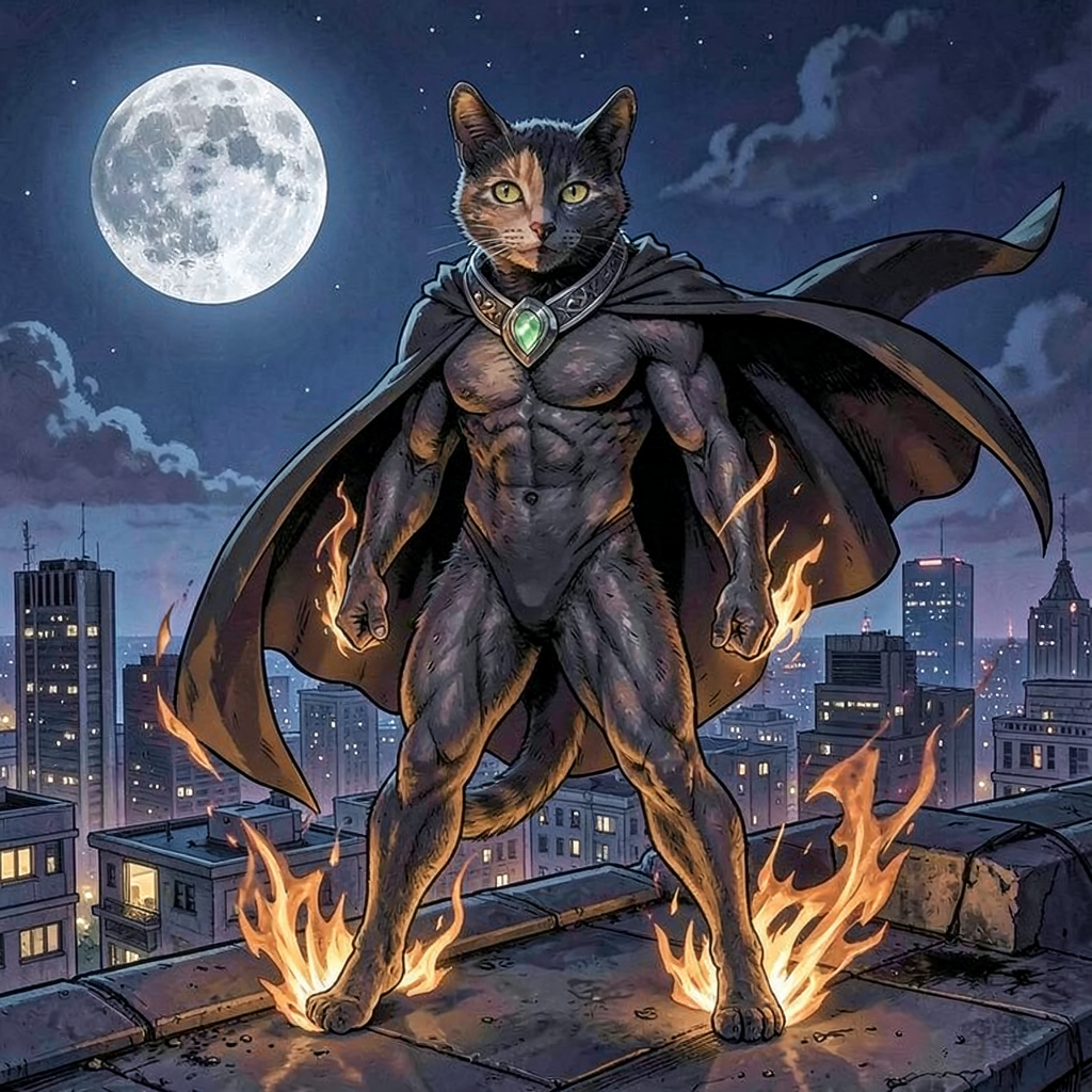 Luna as a tortoiseshell cat superhero sorceress, flowing cape, magical energy, rooftop at night, comic book style