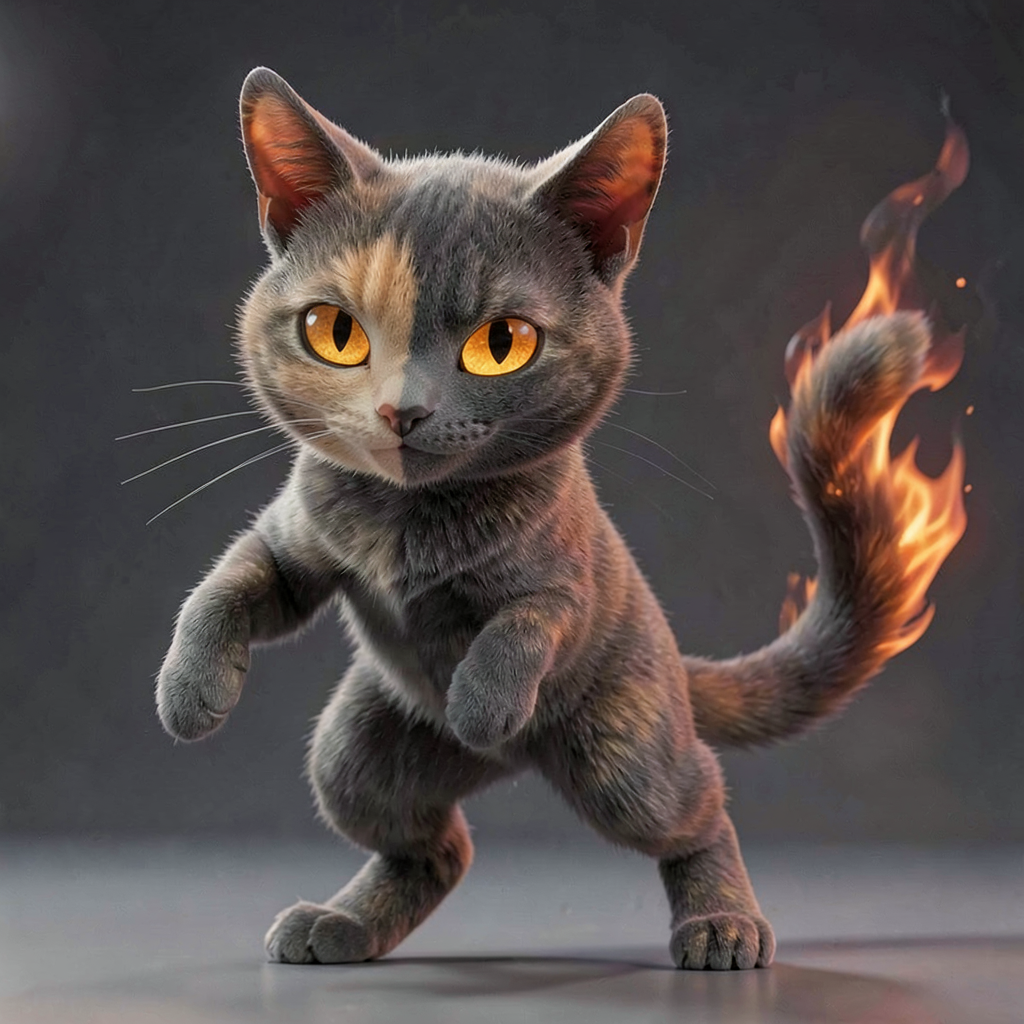 Luna as a tortoiseshell cat Pokemon in Detective Pikachu CGI style, 3D rendered, realistic fur, Dark/Fire type, orange and black patches, cinematic lighting