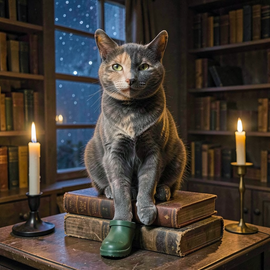 A tortoiseshell cat sitting proudly on top of a stack of old leather-bound journals, wearing tiny green festival wellies, smug satisfied expression, warm golden candlelight, dark cosy study with bookshelves, starry night sky through window, photorealistic