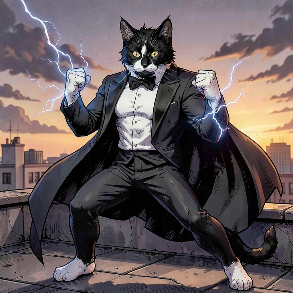 Oreo as a black and white tuxedo cat superhero, brawling action hero in tuxedo supersuit, electric energy, rooftop at sunset, comic book style