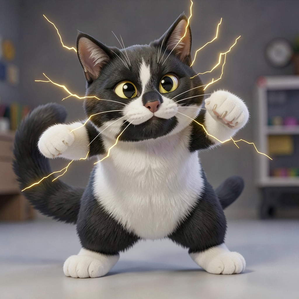Oreo as a black and white tuxedo cat Pokemon in Detective Pikachu CGI style, 3D rendered, realistic fur, Electric/Normal type, yellow sparks, cinematic lighting