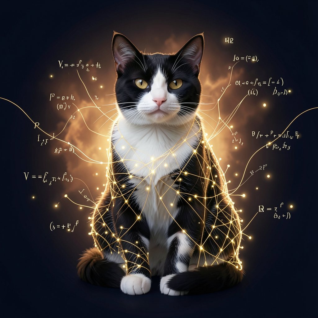 A black and white tuxedo cat sitting calmly, its body half-woven from glowing golden threads of light and neural network nodes, tiny glowing parameters and equations orbiting like fireflies, the edges dissolving into luminous strands of mathematics, midnight navy background with a warm orange nebula glow, ethereal digital art