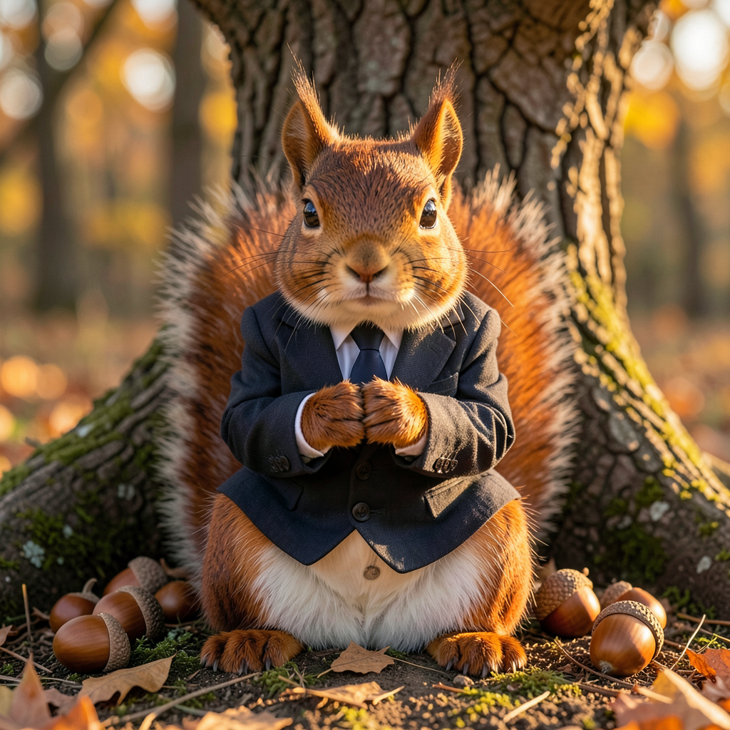 A red squirrel sitting bolt upright like a tiny Victorian solicitor, front paws clasped formally in front of its chest, shrewd confident expression, acorns scattered on the ground, autumn woodland bokeh in warm golden-hour light, photorealistic wildlife photography