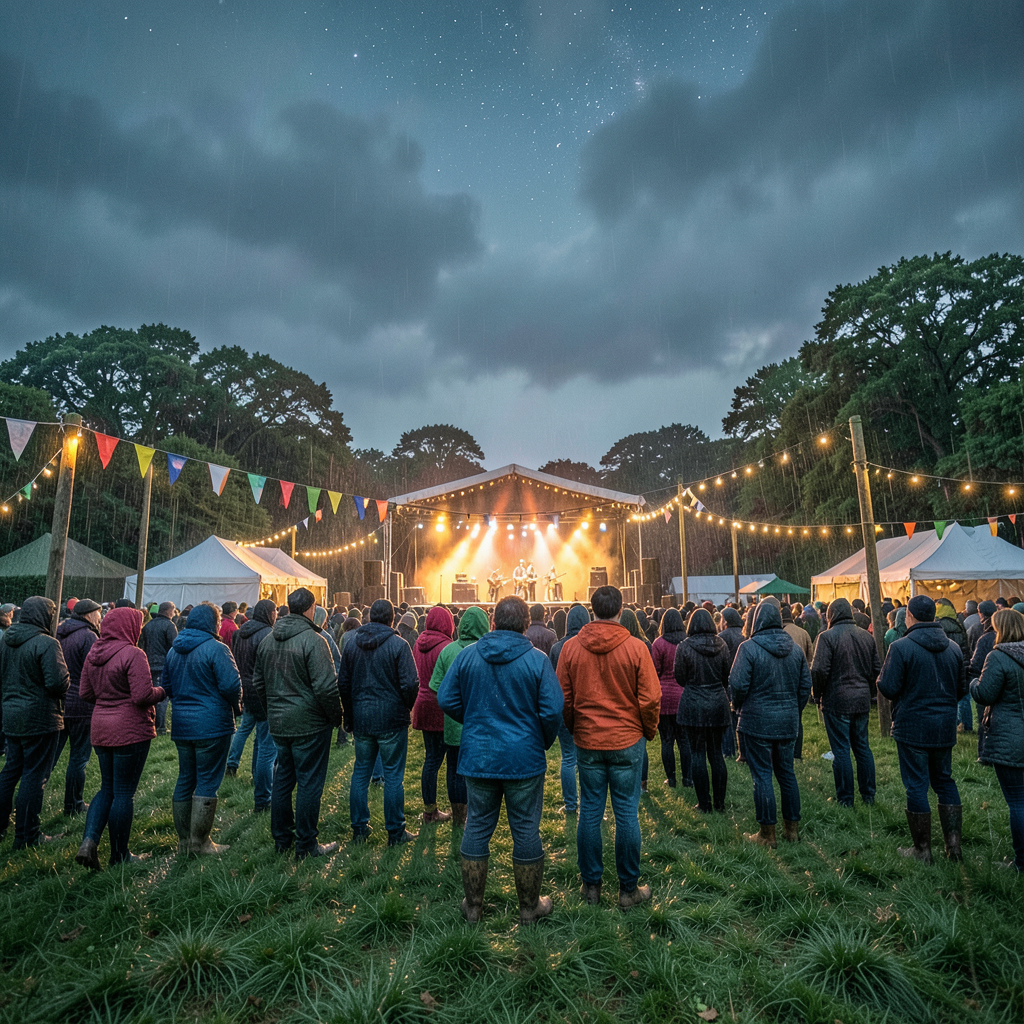 A lively outdoor music festival in a green Cornish estate field at dusk, colorful bunting and flags above a crowd in waterproof jackets, a distant stage glowing with warm orange and gold lights, a rain shower clearing to the west, dramatic grey clouds breaking open to reveal the first evening stars, string lights glowing between wooden poles, photorealistic