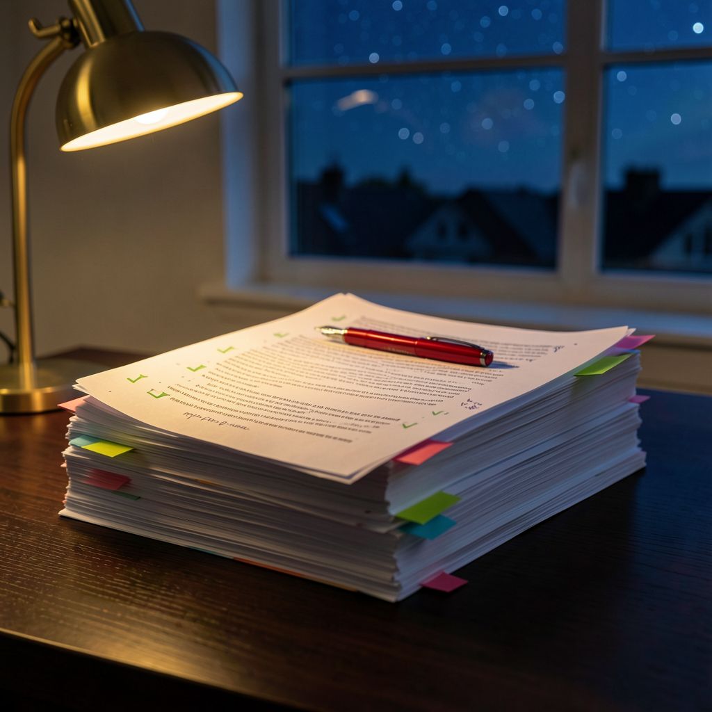 A stack of printed report pages on a dark wooden desk at night under warm desk lamp glow, pages covered in green check marks and small handwritten notes, a red fountain pen resting across the top page, colourful sticky tabs along the page edges, a window behind showing a deep blue starry night sky over quiet rooftops, cosy late-night atmosphere, photorealistic