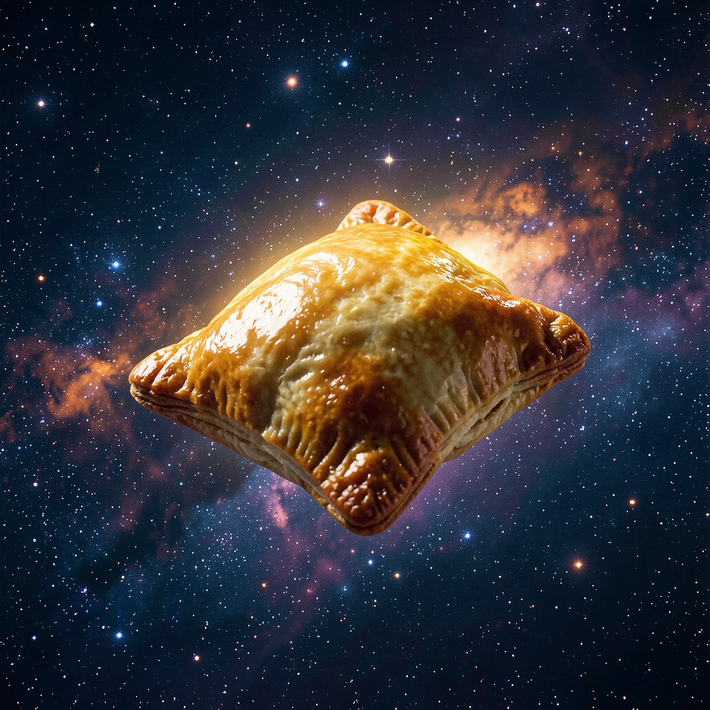 A Cornish pasty floating in a cosmic starfield, generated with FLUX.2 klein 4B