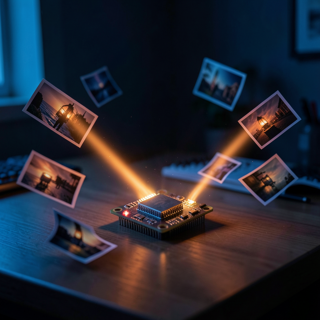 A Raspberry Pi with a small heatsink analyzing floating photographs, rendered in warm orange and deep blue tones