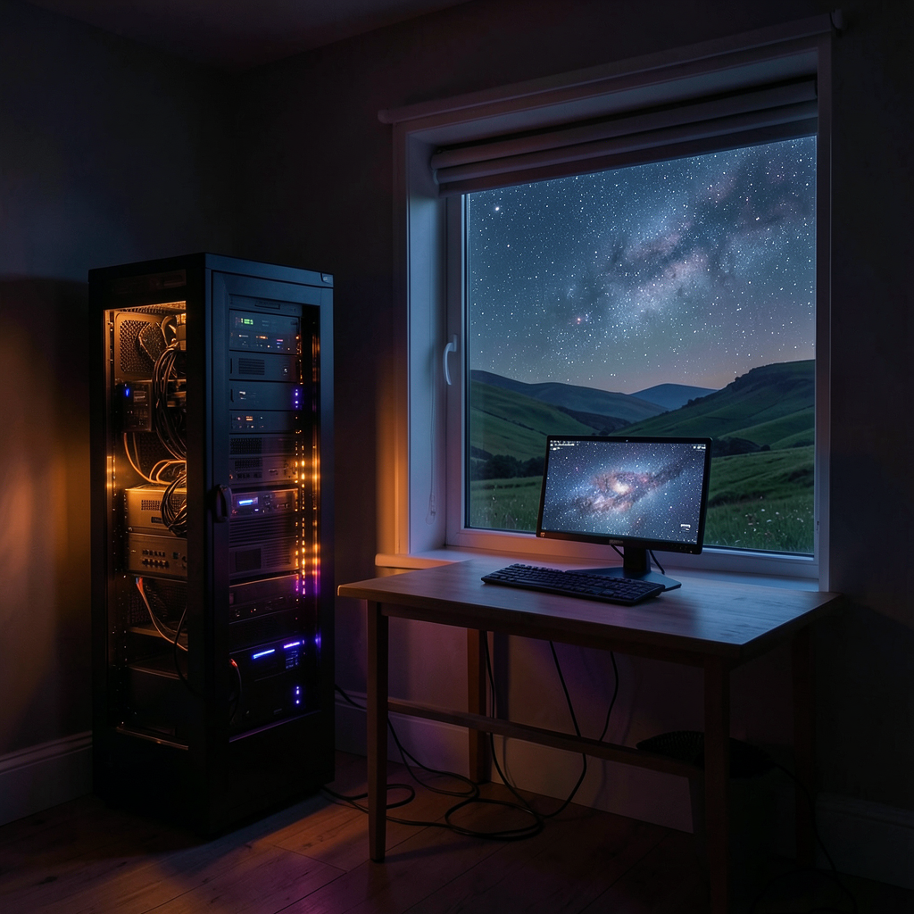 A serene nighttime scene: a glowing server rack in a dark room, warm orange and purple light, a starry Cornish night sky through the window