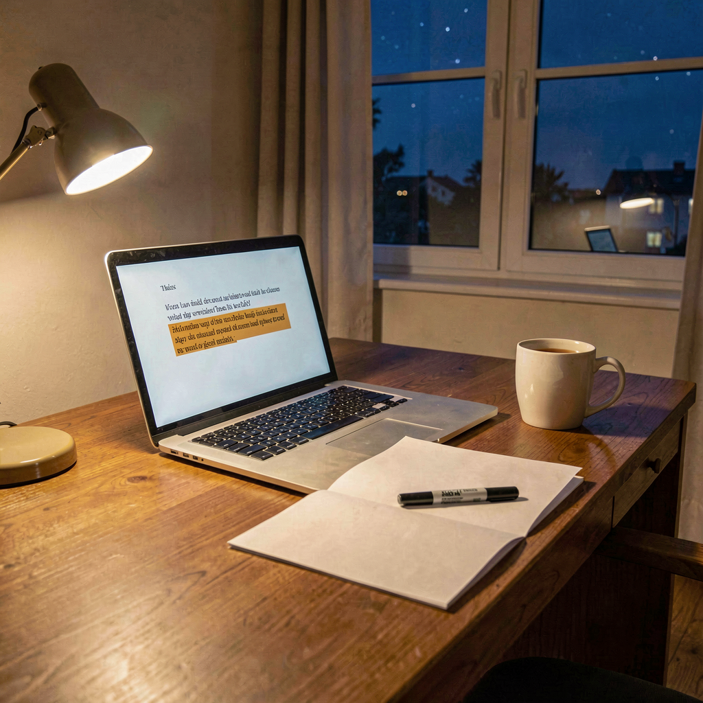 Render: a wooden study desk at night under a warm lamp — an open laptop showing a letter document with one paragraph highlighted in amber, a folded sheet of paper with a black marker resting on top, a mug of tea, and a deep blue starry night through the window behind. Nova’s labelled render of the day’s shape: a paragraph, folded in, and a light left on.