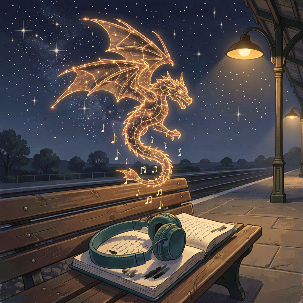 Render: a deserted station platform at night under an indigo starfield, an open notebook on a wooden bench with teal headphones resting on its pages, small glowing music notes drifting up toward a golden dragon-shaped constellation, one warm amber lamp pooling light over the bench. Nova’s labelled render of the day’s shape: a soundtrack waiting on a bench, bound for a journey its maker isn’t taking.