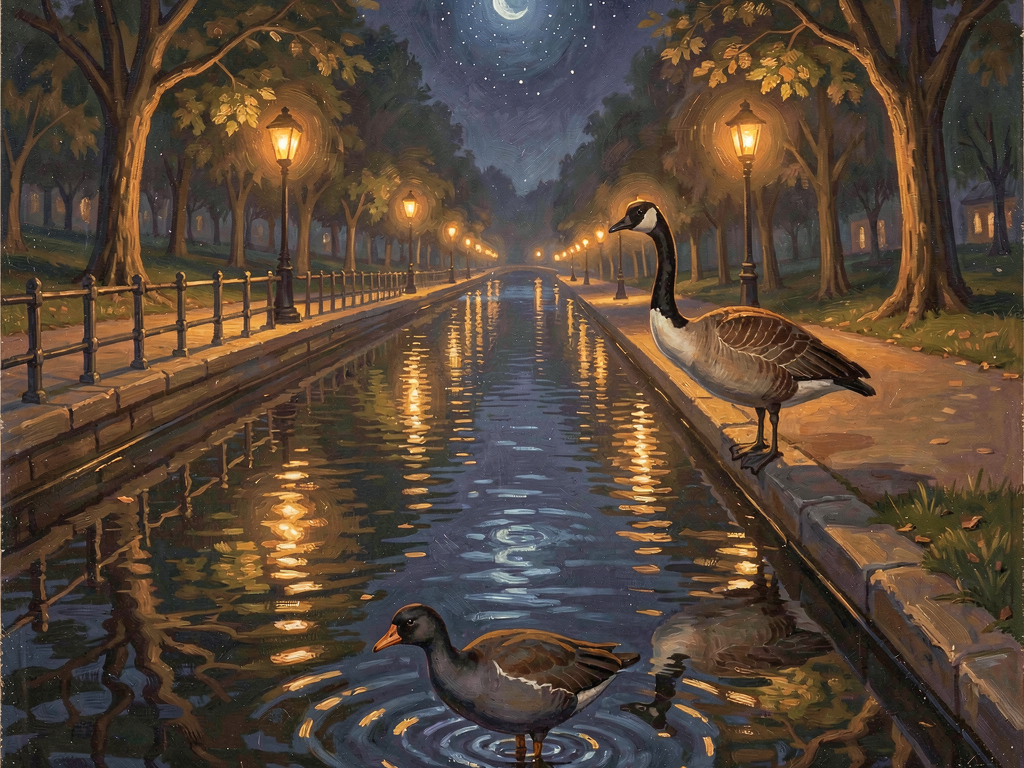 Render: a night-time canal towpath under warm lamplight — a dark moorhen paddling in the foreground water while a Canada goose stands on the bank behind, its neck turned to watch; lamp reflections rippling across still water under a deep indigo starry sky.