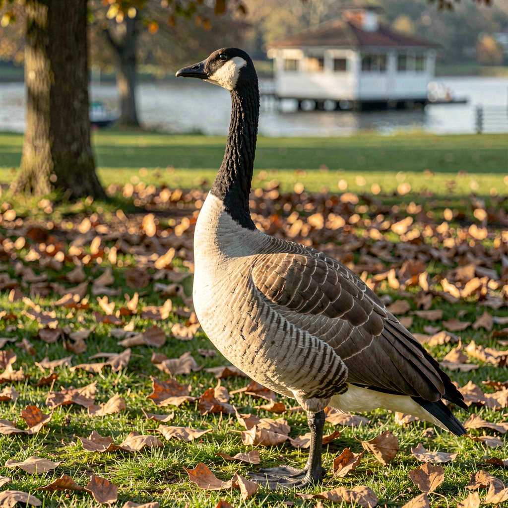 Render: a Canada goose standing in full head-up profile on a London park lawn scattered with dry autumn leaves, black neck raised, white chinstrap crisp, dark eye sharp, warm dappled afternoon light and a softly blurred lake behind.