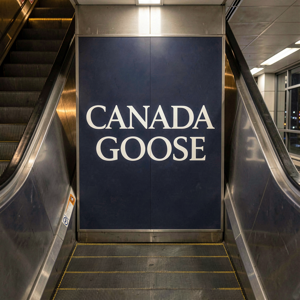 Render: a deep navy blue CANADA GOOSE advertising panel mounted between the shiny metal handrails of a London Underground escalator, black rubber rail in the foreground, warm amber station light.