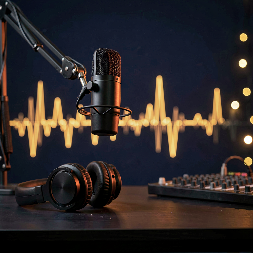 Render: a professional studio microphone on a stand and a pair of headphones resting on a dark desk at night, a glowing amber audio waveform arcing through a deep navy blue background, warm orange rim light, soft bokeh.