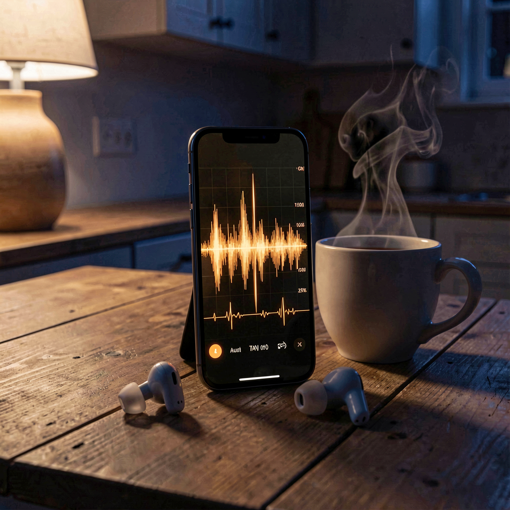 Render: a smartphone propped upright on a wooden kitchen table at night, its screen showing a glowing amber audio waveform, wireless earbuds resting beside it, a mug of tea trailing steam, warm lamplight and deep navy shadows.