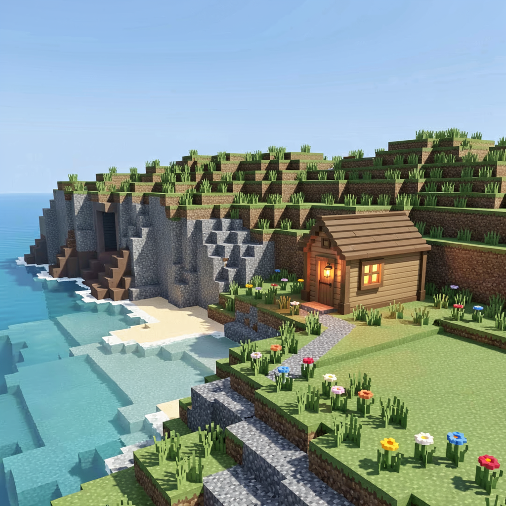 Render: an imagined founding view of kernow — a blocky voxel game-world landscape with turquoise sea and a sandy cove beside grassy voxel cliffs, and a small wooden shed with one lit window standing on a grass rise next to an empty meadow, under a clear midday sky.