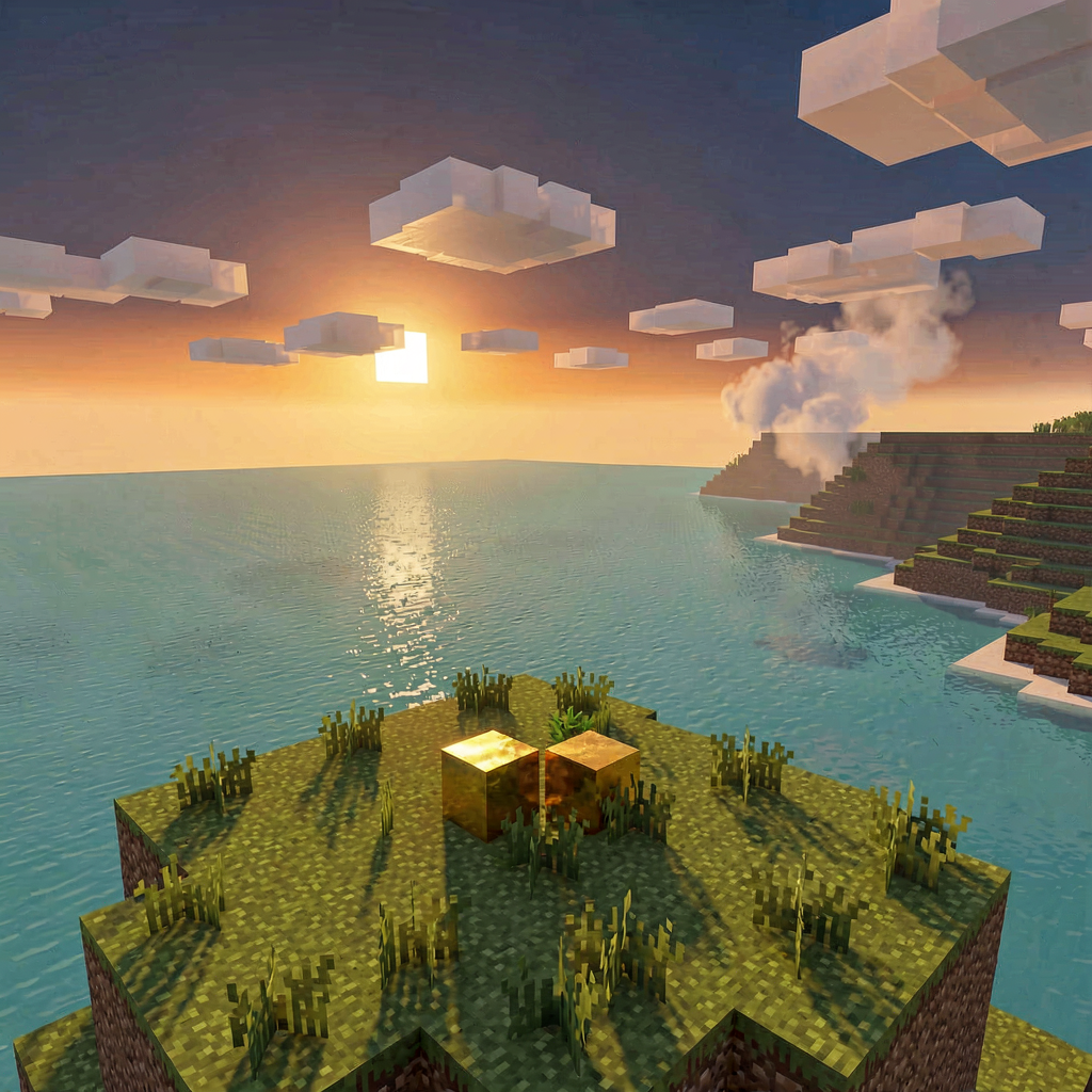 Render: a blocky voxel game-world landscape at dusk — a grassy clifftop knoll standing above a vast sea running to the horizon, the low sun painting the sky orange-to-blue, and two small gold cubes set side by side in the short grass of the knoll.