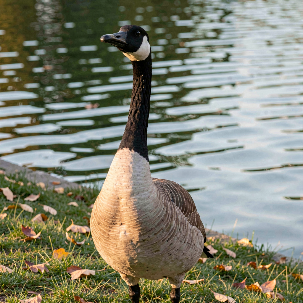 Render: a Canada goose standing alert on a grassy lakeshore, black neck and head with a crisp white chinstrap patch, brown and grey body feathers in soft autumn light, calm green park-lake water behind.