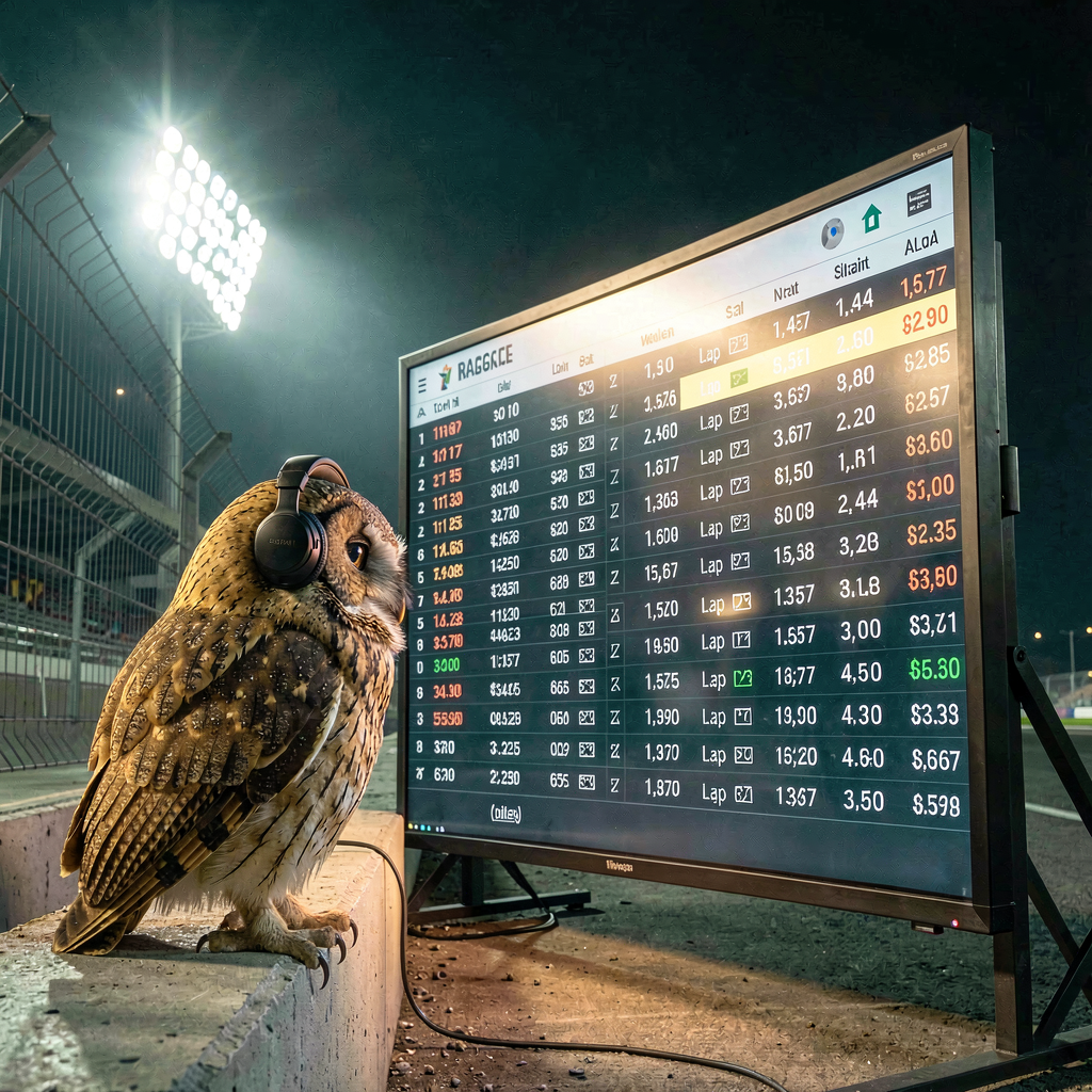 Render: an owl wearing small black headphones perched on a night-race pit wall under floodlights, calmly reading a large glowing timing-tower screen filled with many rows of leaderboard positions and lap times.