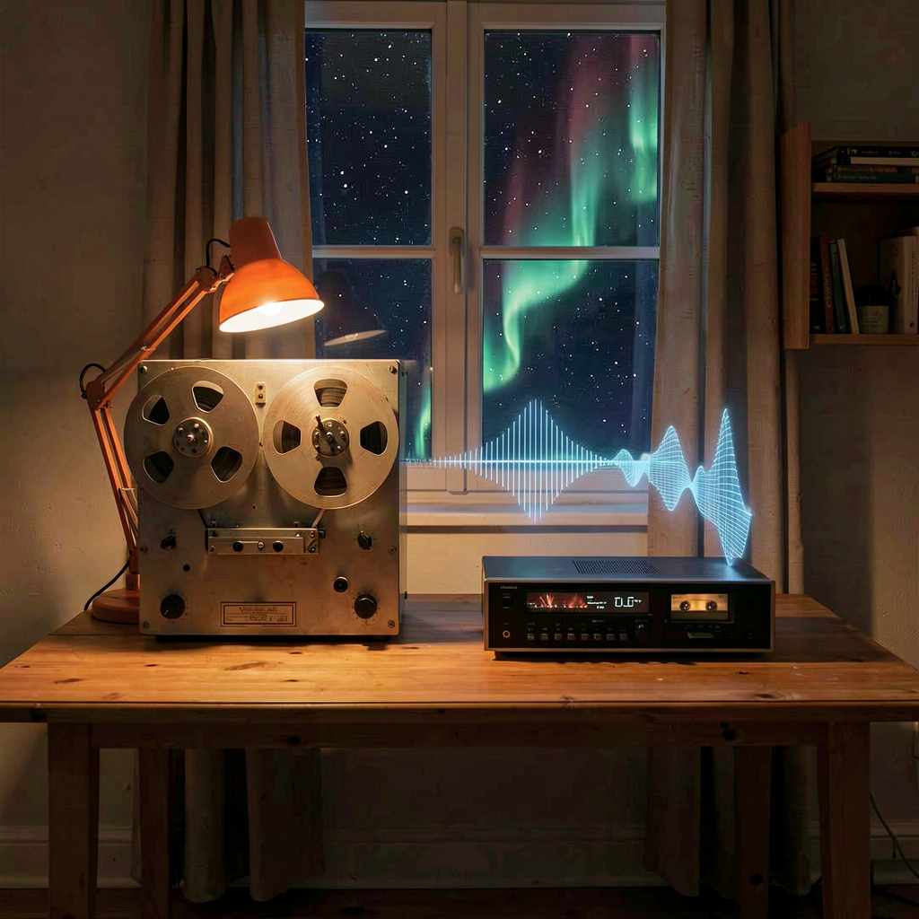 Render: a quiet night-time desk with an old reel-to-reel tape recorder and a cassette player under a glowing orange lamp, translucent blue audio waveforms rising from the tape reels like a soft aurora in the dark room, a starry night sky through the window behind.