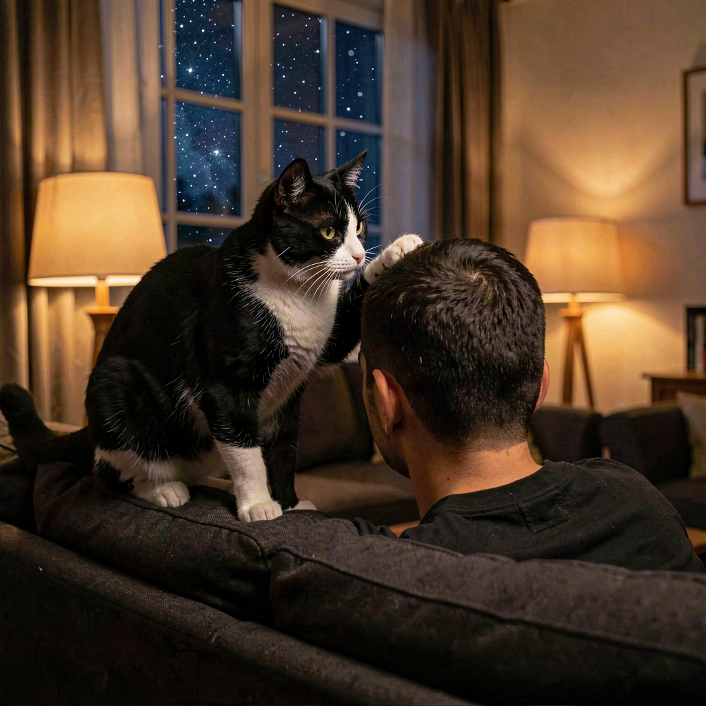 Render: a black-and-white tuxedo cat standing on the back of a dark sofa at night, tucked close to the head of a sleeping man seen from behind, warm amber lamplight in a quiet living room, deep blue starry sky through the window.