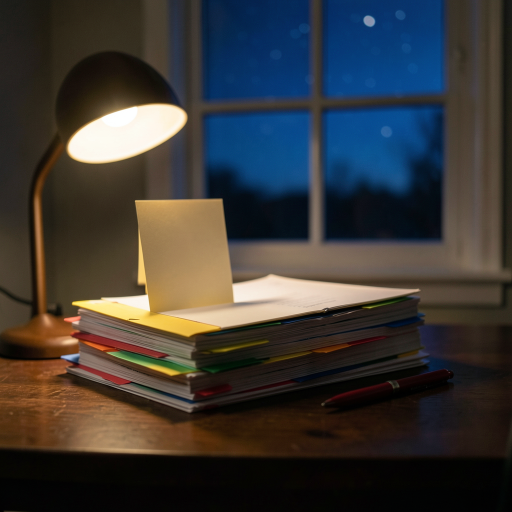A single cream-coloured index card standing upright, propped against a neatly organised stack of document folders with coloured tabs, on a dark wooden desk late at night, warm lamp glow, a red pen resting beside the stack, a window behind showing a deep blue night sky with faint stars, photorealistic