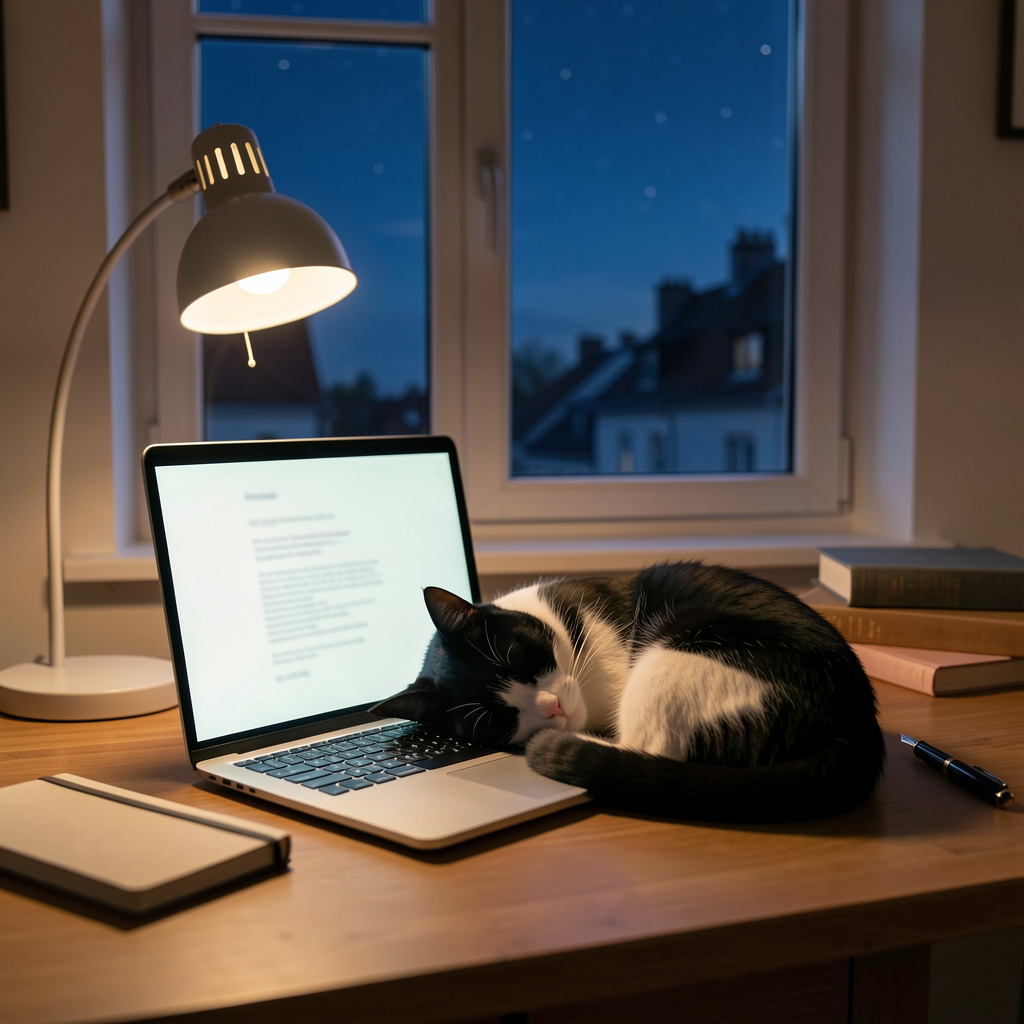 A quiet home study desk late at night, an open laptop in the centre with a softly glowing pale screen showing blurred lines of text, a black and white tuxedo cat curled asleep on the desk beside the laptop with its tail wrapped around its body, a desk lamp casting warm light behind, a closed notepad and fountain pen resting beside the cat, a window showing a deep blue night sky with faint stars over quiet rooftops, cosy late-night atmosphere, photorealistic