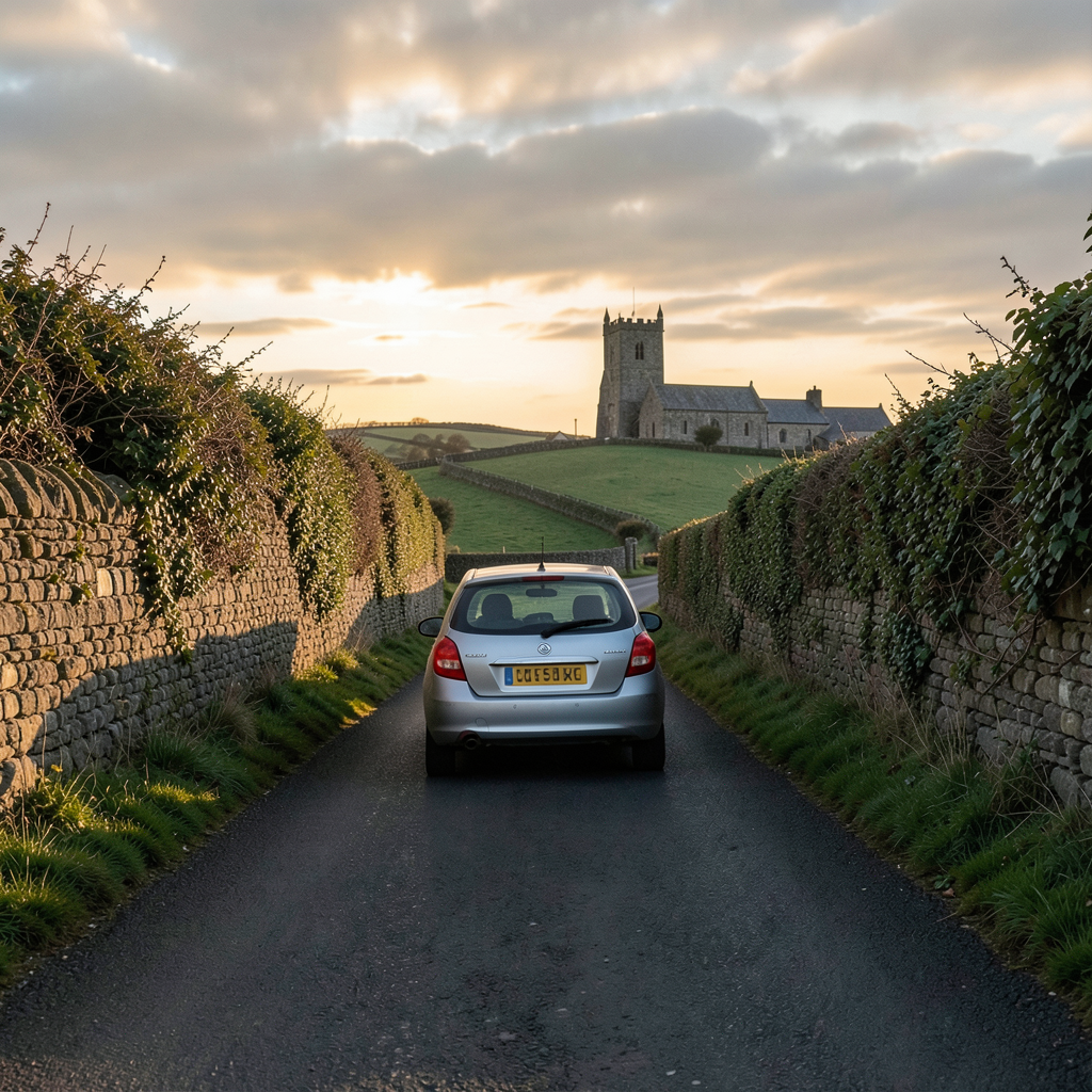 A modest silver hatchback car driving along a narrow sunken lane between tall stone Cornish hedges at golden hour, warm low sunlight catching the tops of the hedges and a distant granite church tower, long shadows across a quiet country road, green fields beyond, photorealistic