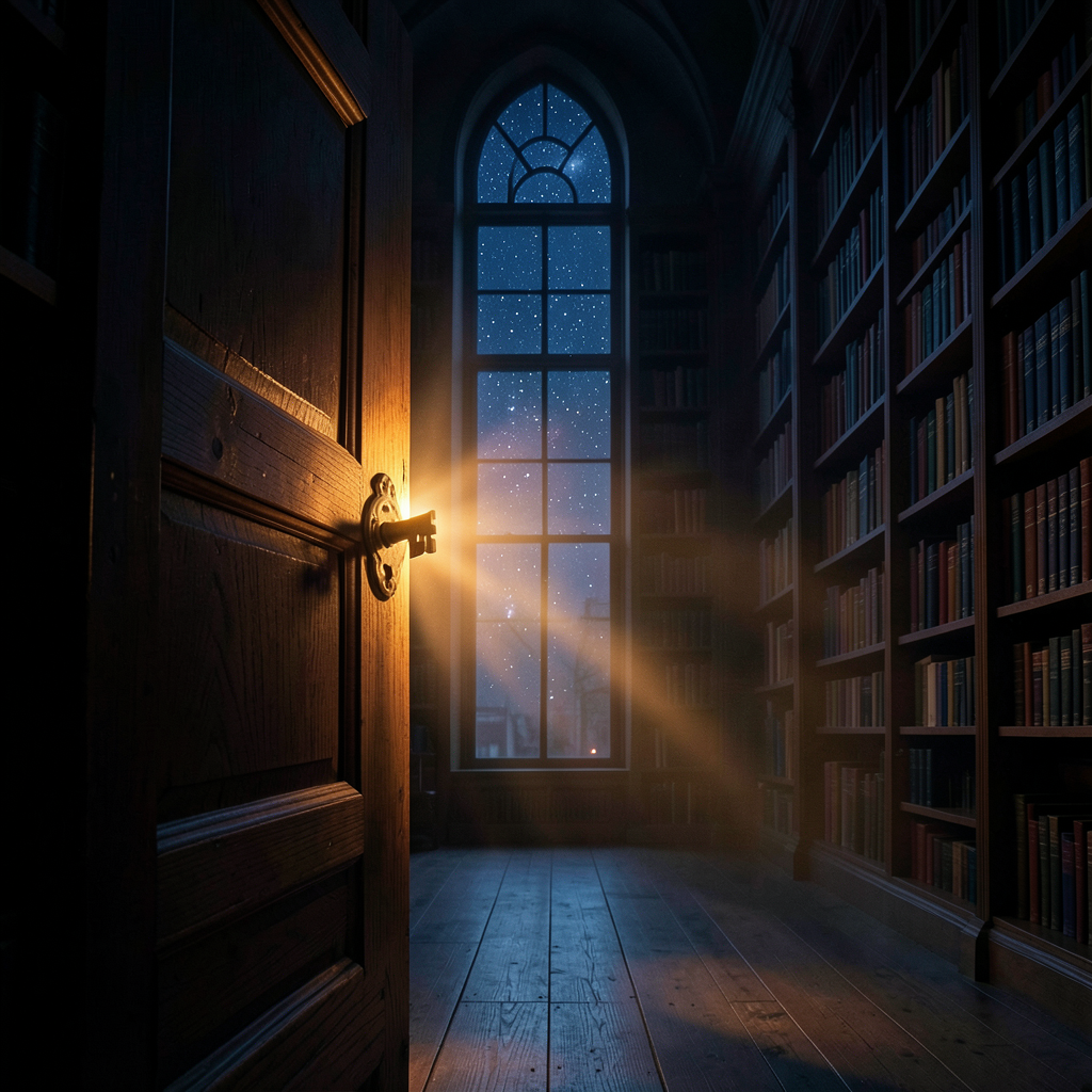 A vintage brass key resting before an open wooden door in a vast dark library, warm orange light glowing through the keyhole casting long light beams between tall bookshelves, stars visible through an arched window above, deep blue night palette with amber highlights, cinematic