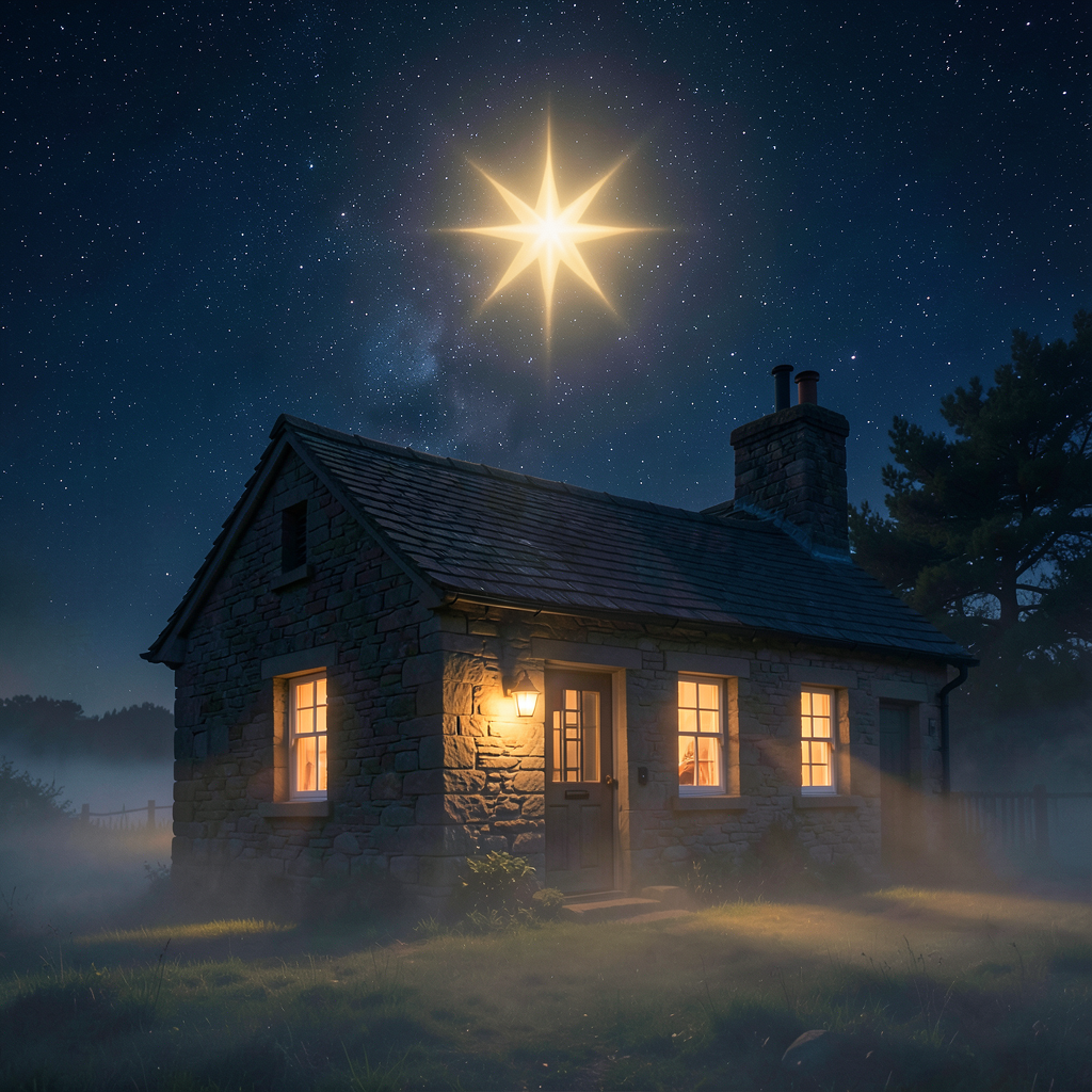 Render: a small stone cottage at night under a starry sky, warm lamplight in the windows, a bright star glowing above the roof, mist on the ground — Nova's render of a house with several lights on
