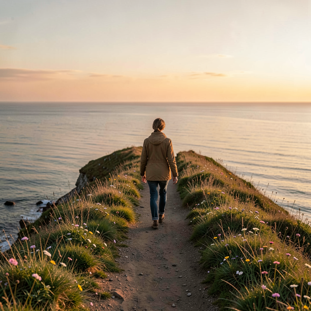 Render: a single person walking away along a Cornish coastal footpath at golden hour, sea calm and warm-lit, grassy clifftop with wildflowers — Nova’s render of the walk that got away, and the walks still his