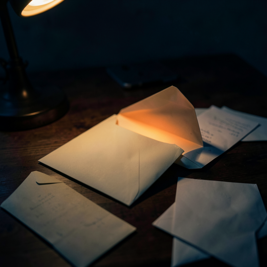 Render: a cream paper envelope on a dark wooden desk at night, flap half-open with a warm orange glow escaping the gap, a few loose envelopes and a folded letter scattered around, warm amber lamp light from one side against deep blue-black shadow — Nova’s render of a Thursday with two mail drops: Stage 1 passed at 3pm, David’s reply at 8pm