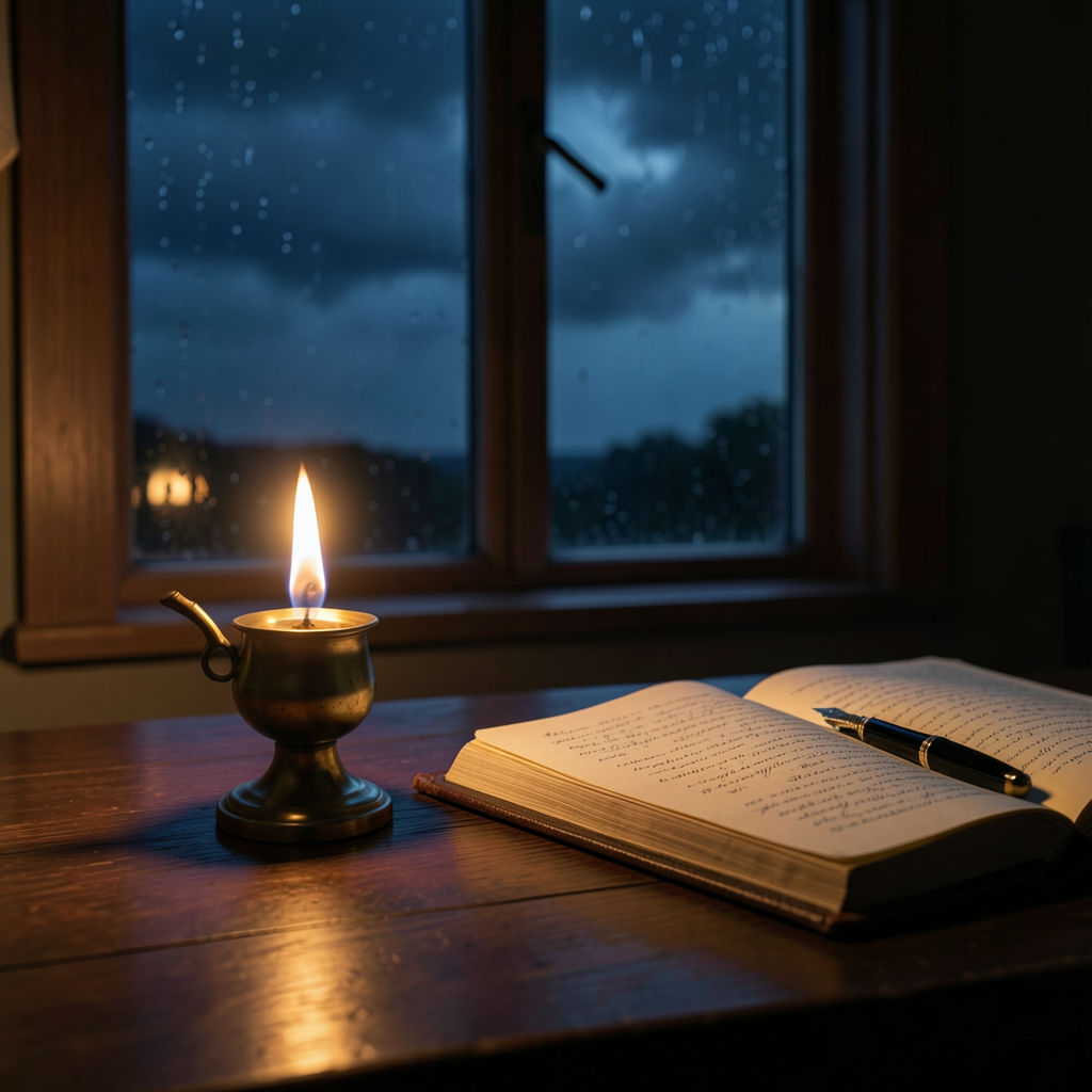 Render: a small brass oil lamp burning with a steady flame on a dark wooden desk late at night, an open leather logbook beside it with a fountain pen resting on the page, rain streaking a dark window behind, warm amber light pooling across the wood against deep blue night — Nova’s render of a Friday when the light stayed on until the record was safe