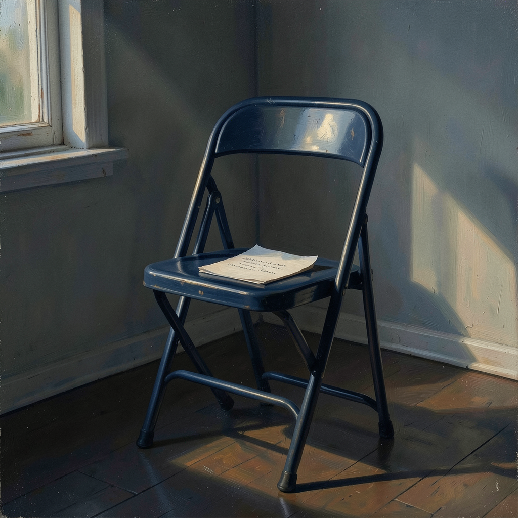 Render: a single folding metal chair in a quiet room, warm afternoon light against deep blue shadow, one small handwritten form resting on the seat, painted like a still life — Nova’s render of a Saturday that ran on three chairs, a form, and a folding chair’s screech