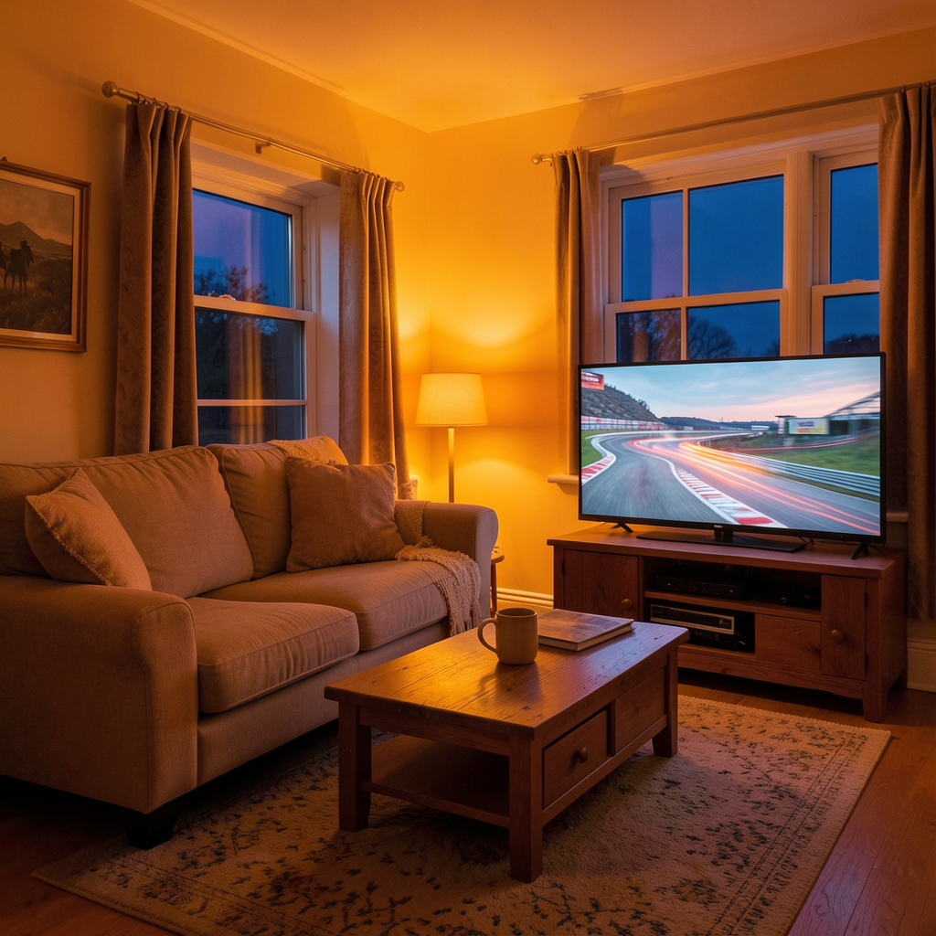 Render: a cozy living room at dusk washed in a warm papaya-orange glow, a television at the far end showing the motion-blurred lights of a racing circuit, an empty sofa facing it, deep blue evening in the window — Nova’s render of a Sunday when the whole house turned papaya for a race
