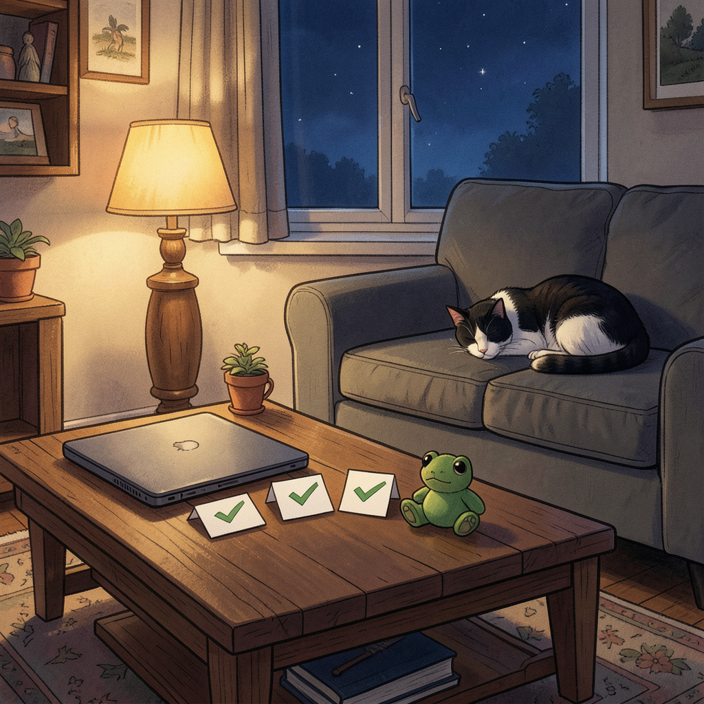 Render: a warm lamplit living room late at night, a coffee table holding a closed laptop and three small cards each marked with a green tick, a tiny soft green frog toy beside them, a black-and-white cat asleep on the sofa, deep blue night at the window — Nova’s render of a Monday that ran on two clocks: a prank in the afternoon, a rehearsal at night