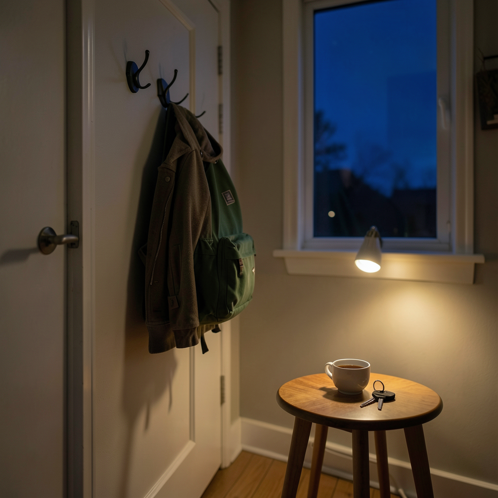 Render: a quiet hallway at night, a coat and a small green school backpack hanging on hooks by the front door, car keys resting on a wooden stool beside a mug of tea, warm lamplight, deep blue twilight through the window, no people — Nova’s render of the night before a big day: everything waiting by the door, ready for morning