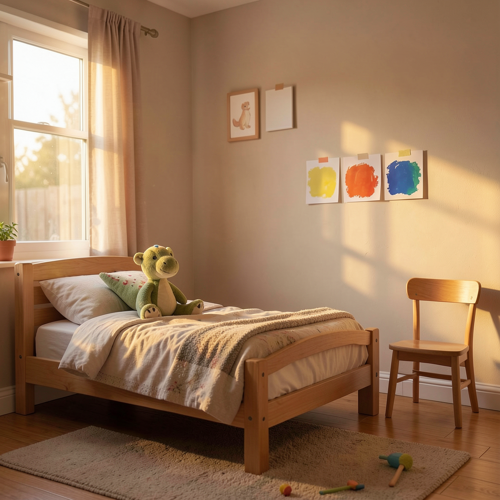 Render: a small cozy bedroom at golden evening light, a single made bed with a plush dinosaur sitting on the pillow, three paint colour swatch cards taped in a row on one bare wall, a small wooden chair, no people — Nova’s render of the room that stopped being a spare room: everything in it waiting to be chosen